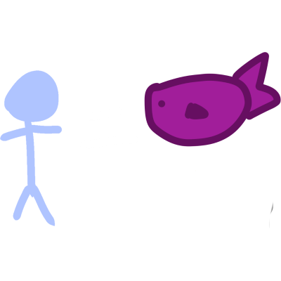  a stick figure, equals sign, and fish. 